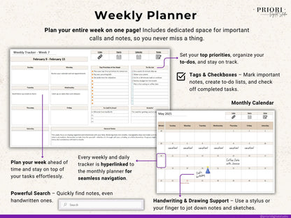 OneNote Digital Planner for 2025 2026 OneNote Template Hyperlinked Daily Planner Monthly Calendar Dated Weekly Planner Organization Planner