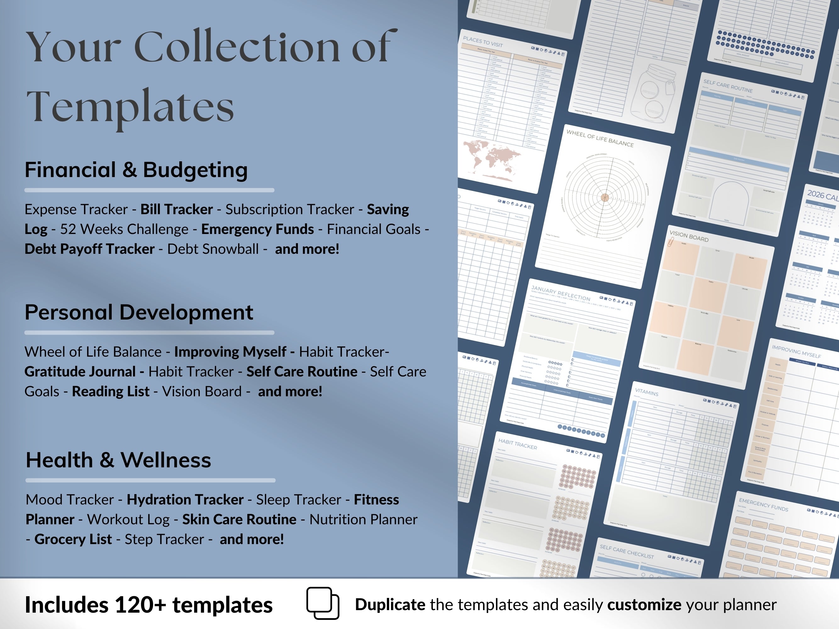 Collection of templates for financial, personal development, and health & wellness.
