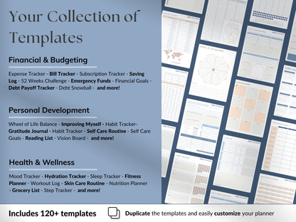 Collection of templates for financial, personal development, and health & wellness.