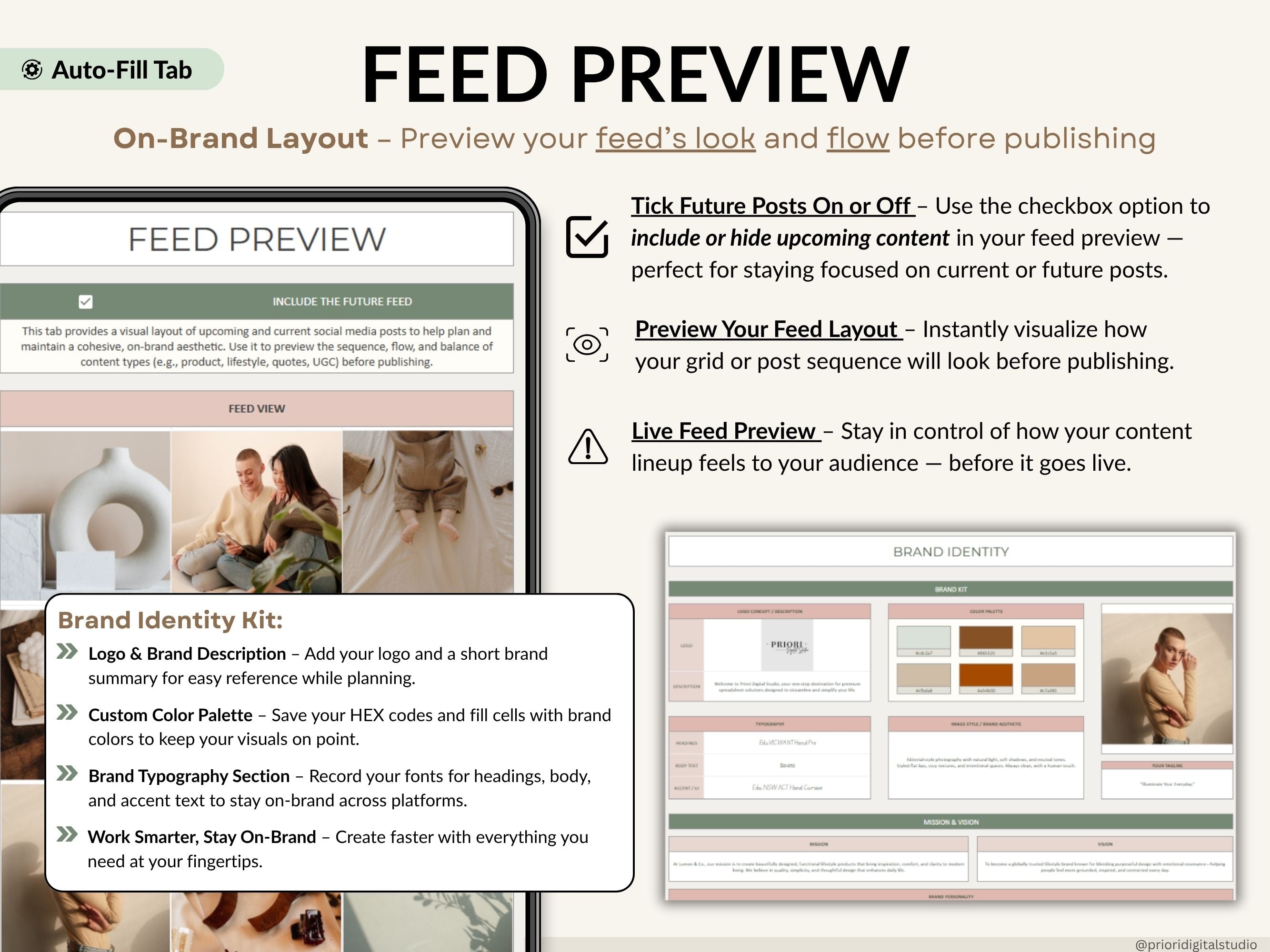 Feed preview tool with layout options and branding features on a white background