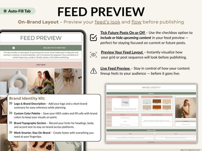 Feed preview tool with layout options and branding features on a white background