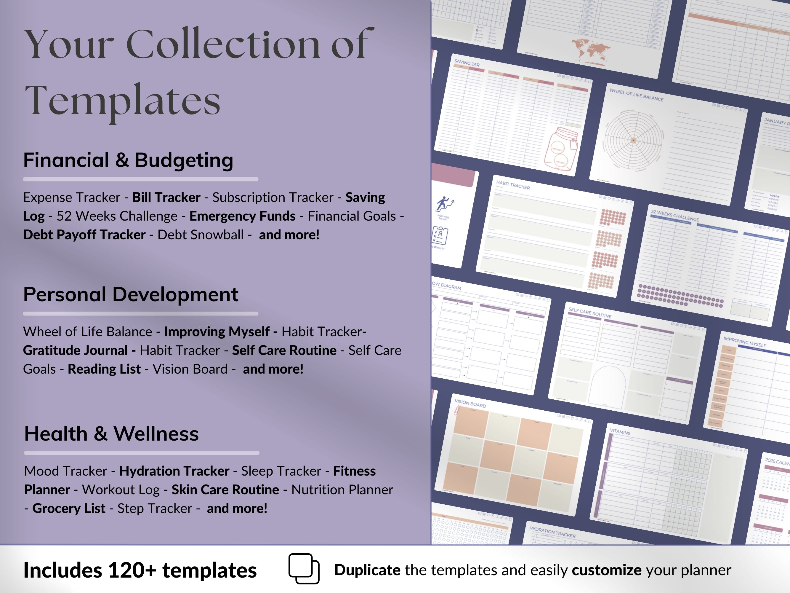 Collection of templates for financial, personal development, and health & wellness with a purple sidebar.