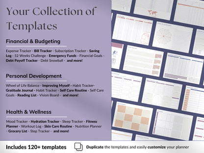 Collection of templates for financial, personal development, and health & wellness with a purple sidebar.