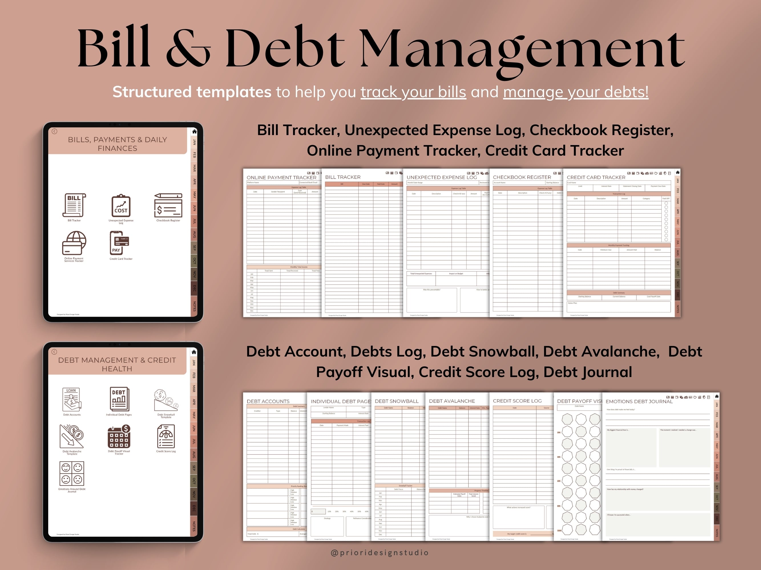 Bill and debt management templates on a brown background with digital device illustrations.
