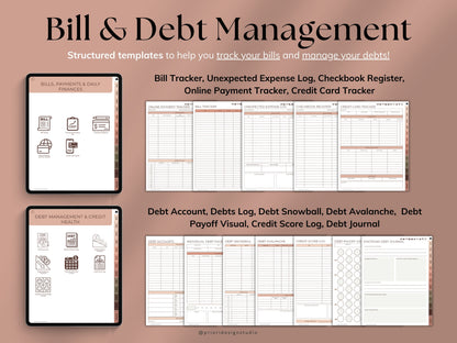 Bill and debt management templates on a brown background with digital device illustrations.