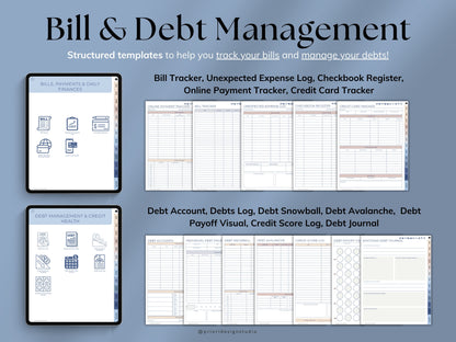 Bill and debt management templates on a digital device with a blue background