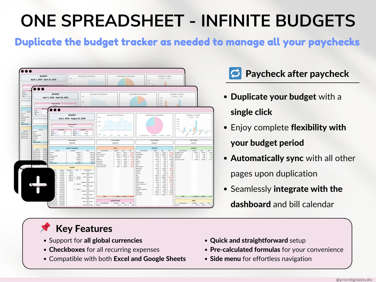 Paycheck Budget Spreadsheet Weekly Budget Monthly Budget Biweekly Bill Tracker Debt Tracker Financial Planner Google Sheets Excel Template