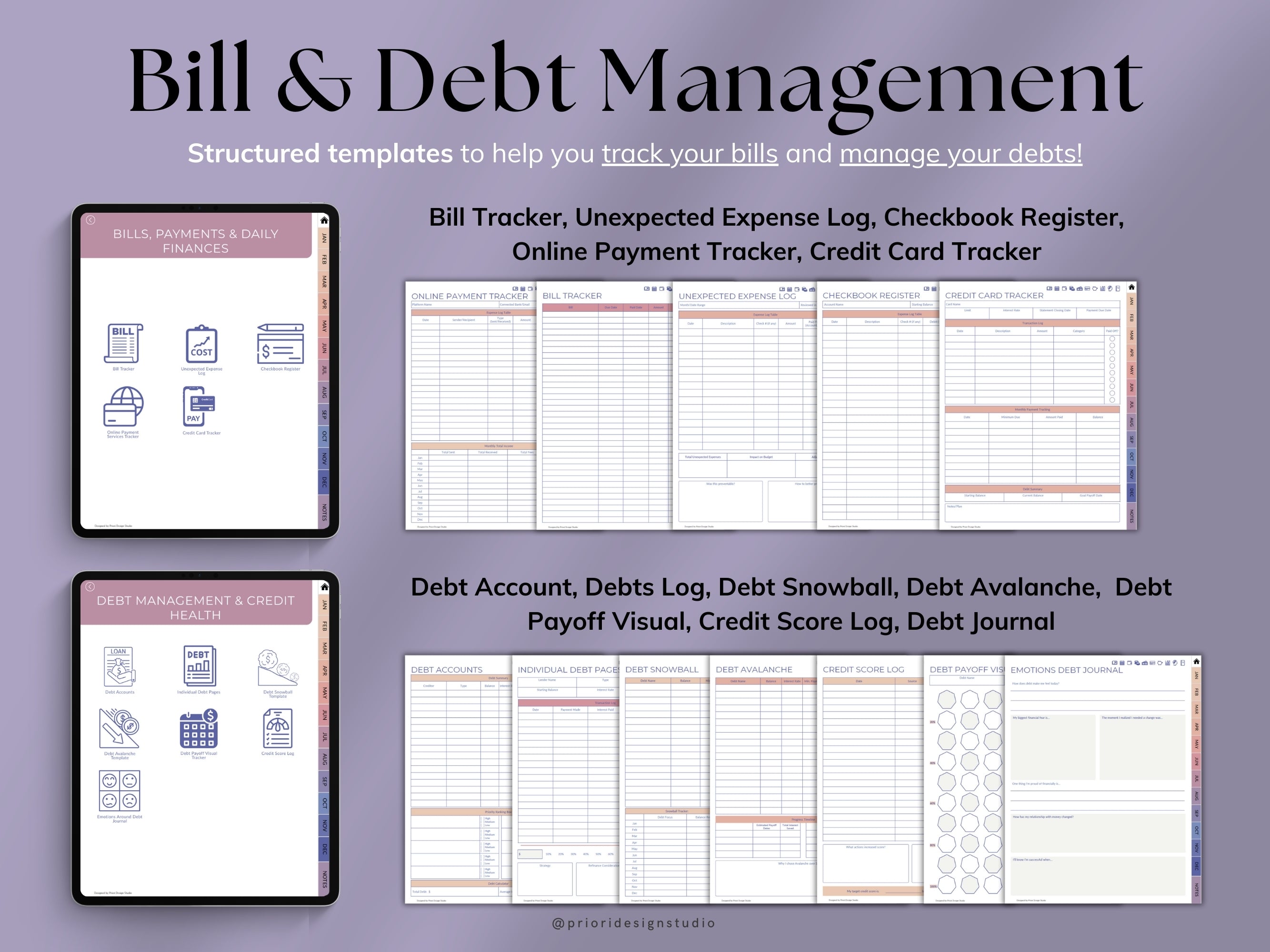 Bill and debt management templates on a purple background