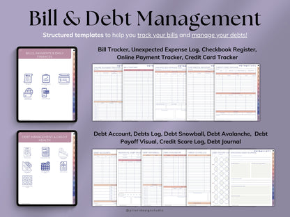 Bill and debt management templates on a purple background