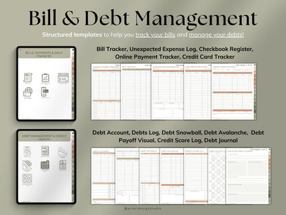 Bill and debt management templates on a digital device with a beige background