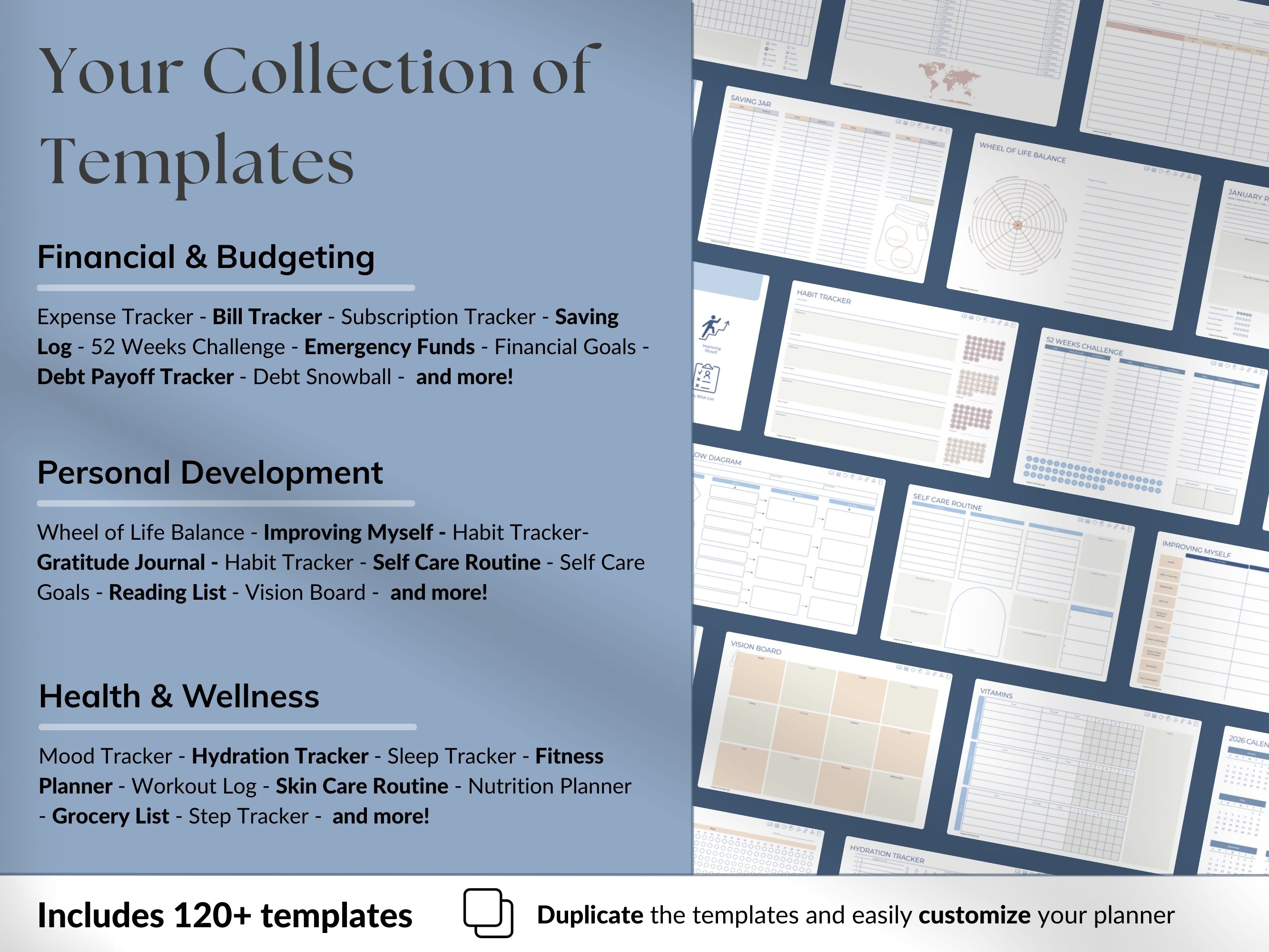 Collection of templates for financial, personal development, and health & wellness with a blue sidebar.