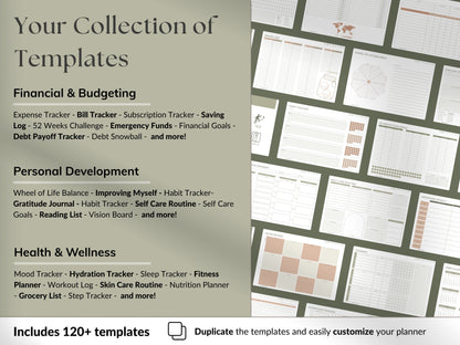Collection of templates for financial, personal development, and health & wellness with a focus on customization.