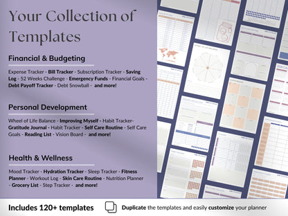 Collection of templates for financial, personal development, and health & wellness for Blush Dusk theme.
