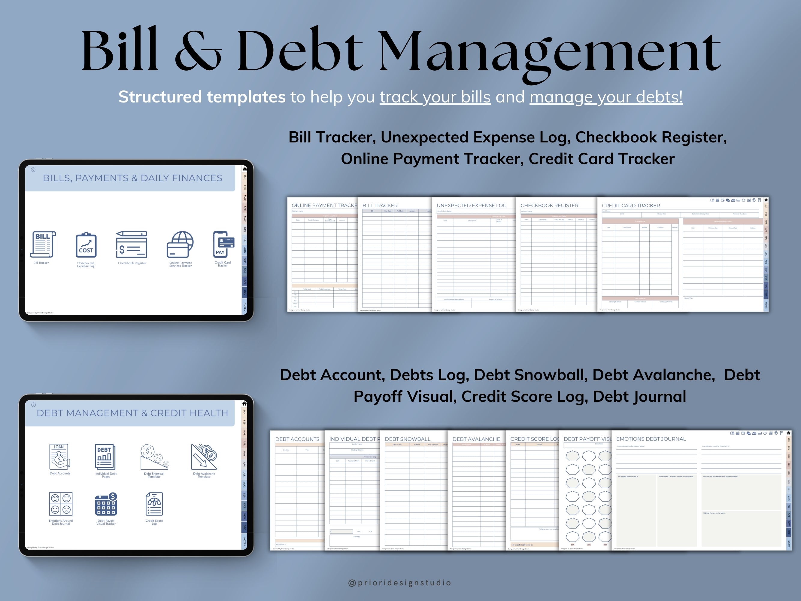 Bill and debt management templates on a blue background with text.