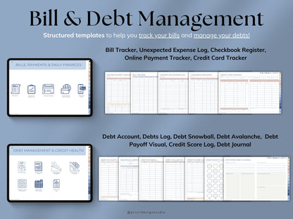Bill and debt management templates on a blue background with text.