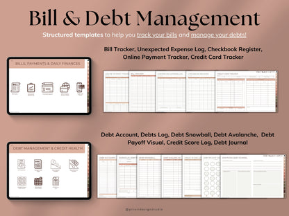 Bill and debt management templates on a brown background with digital device illustrations.