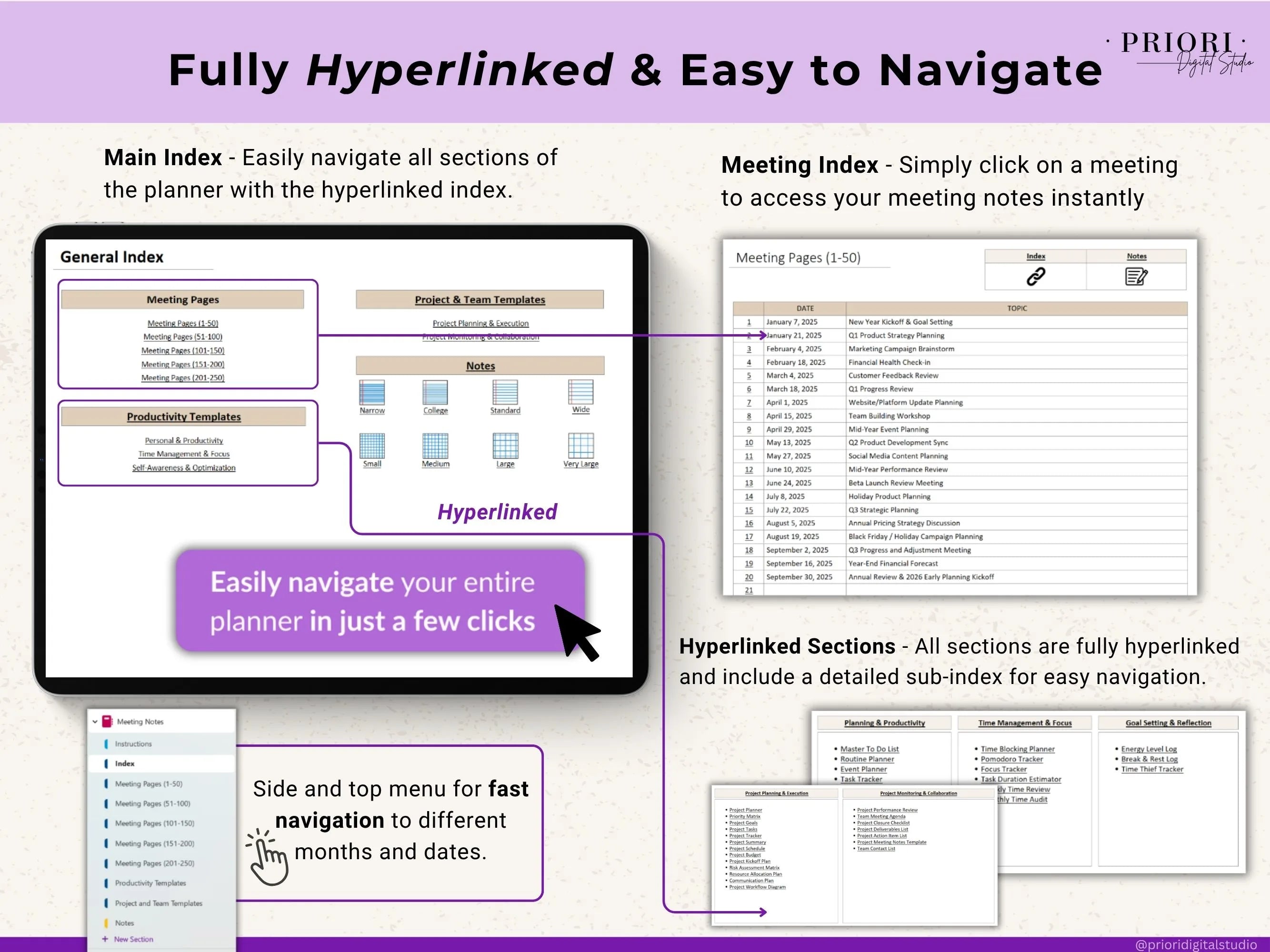 OneNote Planner Meeting Notes Planner Hyperlinked Digital Planner OneNote Productivity Planner for Professional OneNote Work Task Tracker