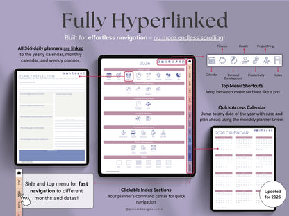 Digital planner  with hyperlinks and navigation features Blush Dusk theme.