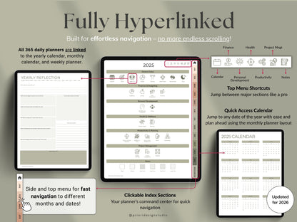 Digital planner hyperlink features on different parts of the product.