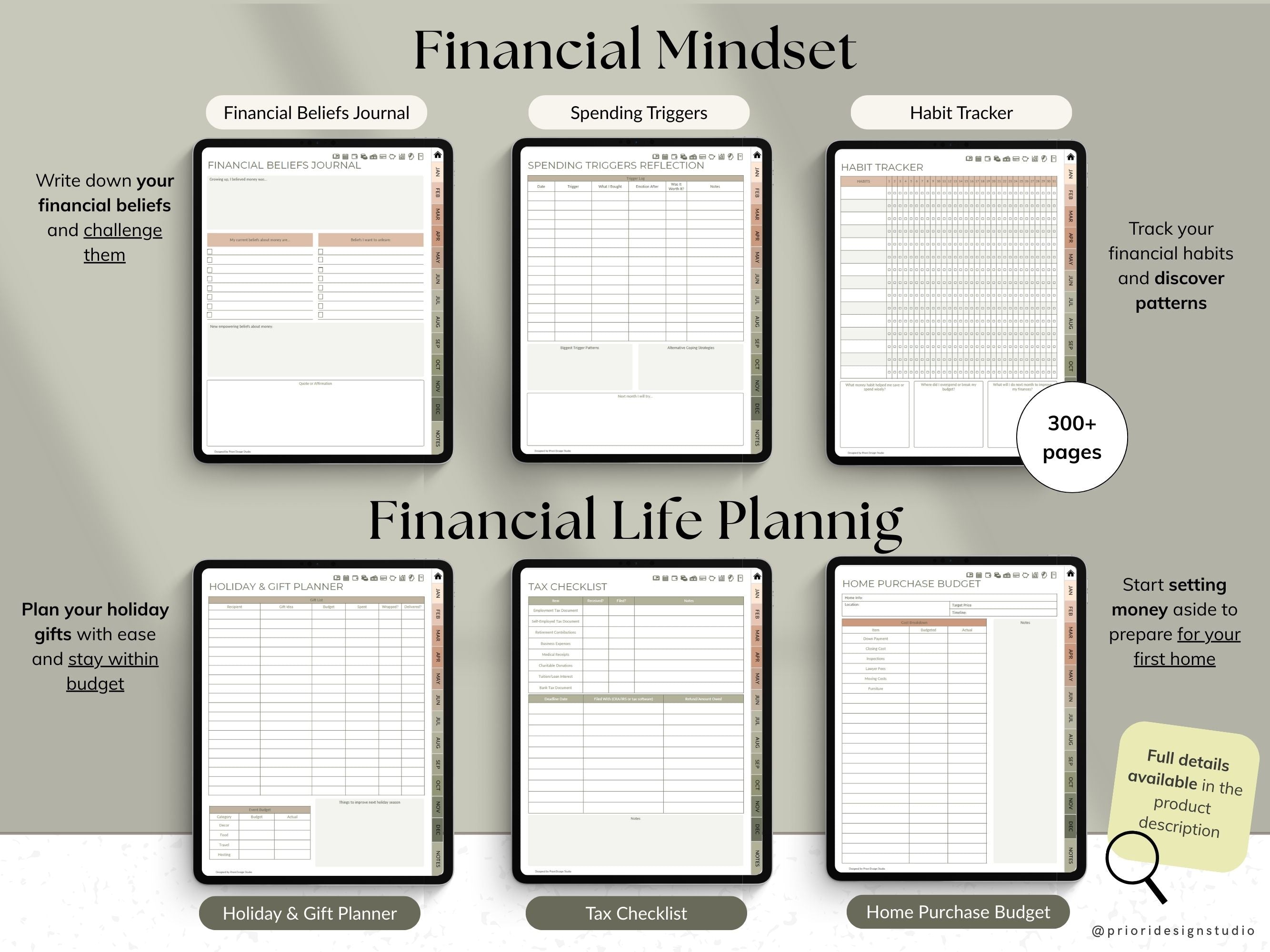 Financial planning workbook with various pages on a gray background