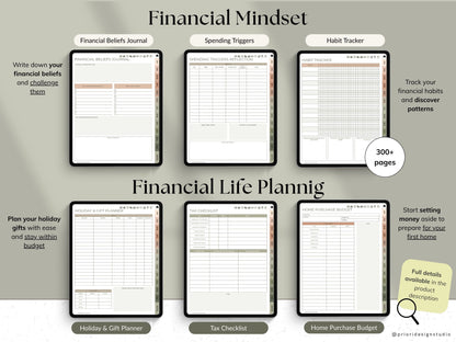 Financial planning workbook with various pages on a gray background