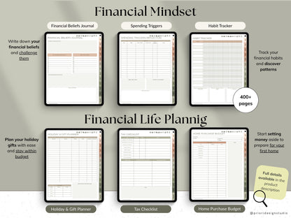 Collection of financial planning worksheets with a gray background