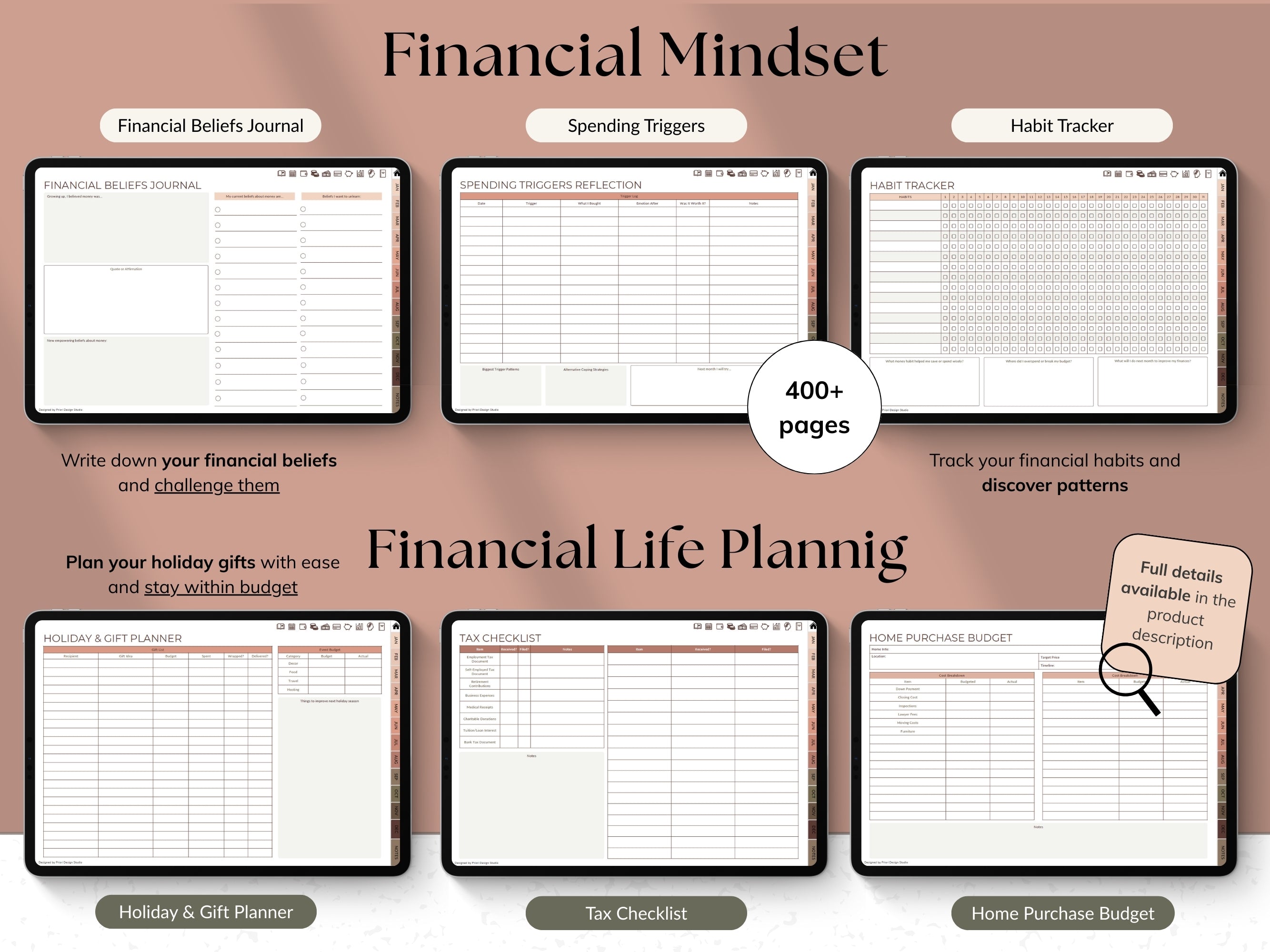 Collection of financial planning worksheets on a brown background