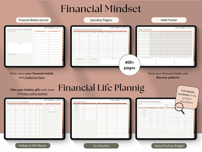 Collection of financial planning worksheets on a brown background