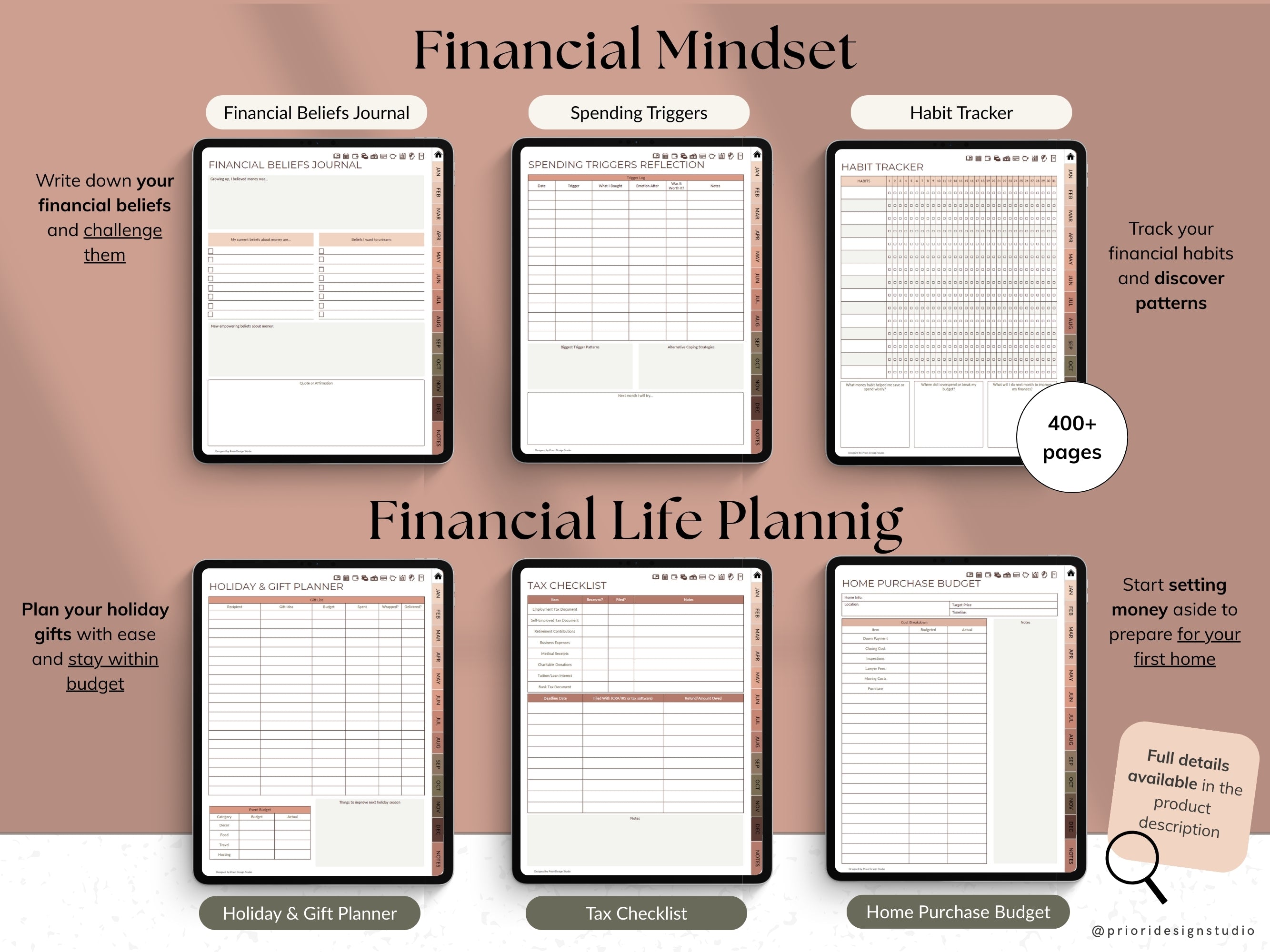 Financial planning workbook with various pages on a beige background