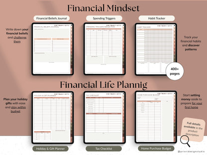 Financial planning workbook with various pages on a beige background