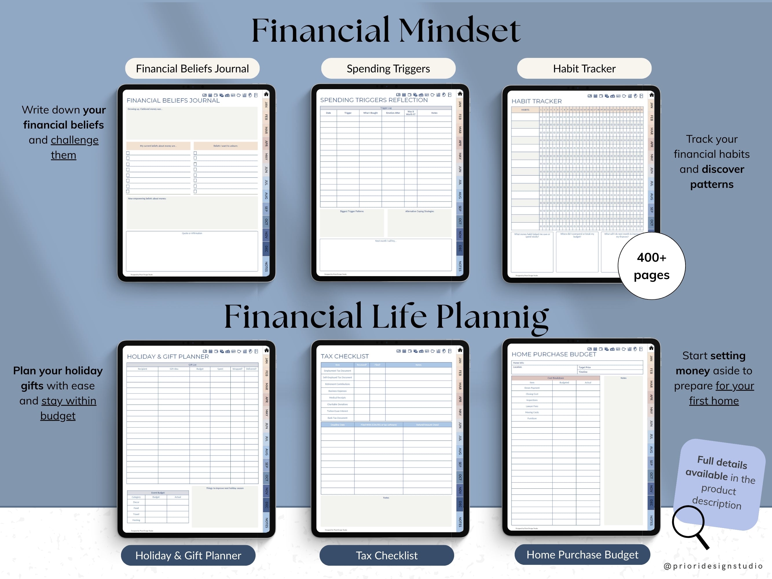 Pages from a financial planning workbook with various sections on a blue background