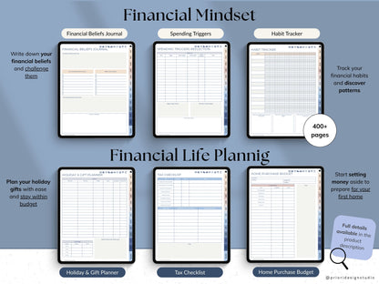 Pages from a financial planning workbook with various sections on a blue background