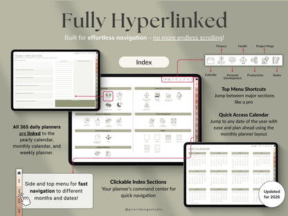 Digital planner software interface with hyperlinks and navigation features.