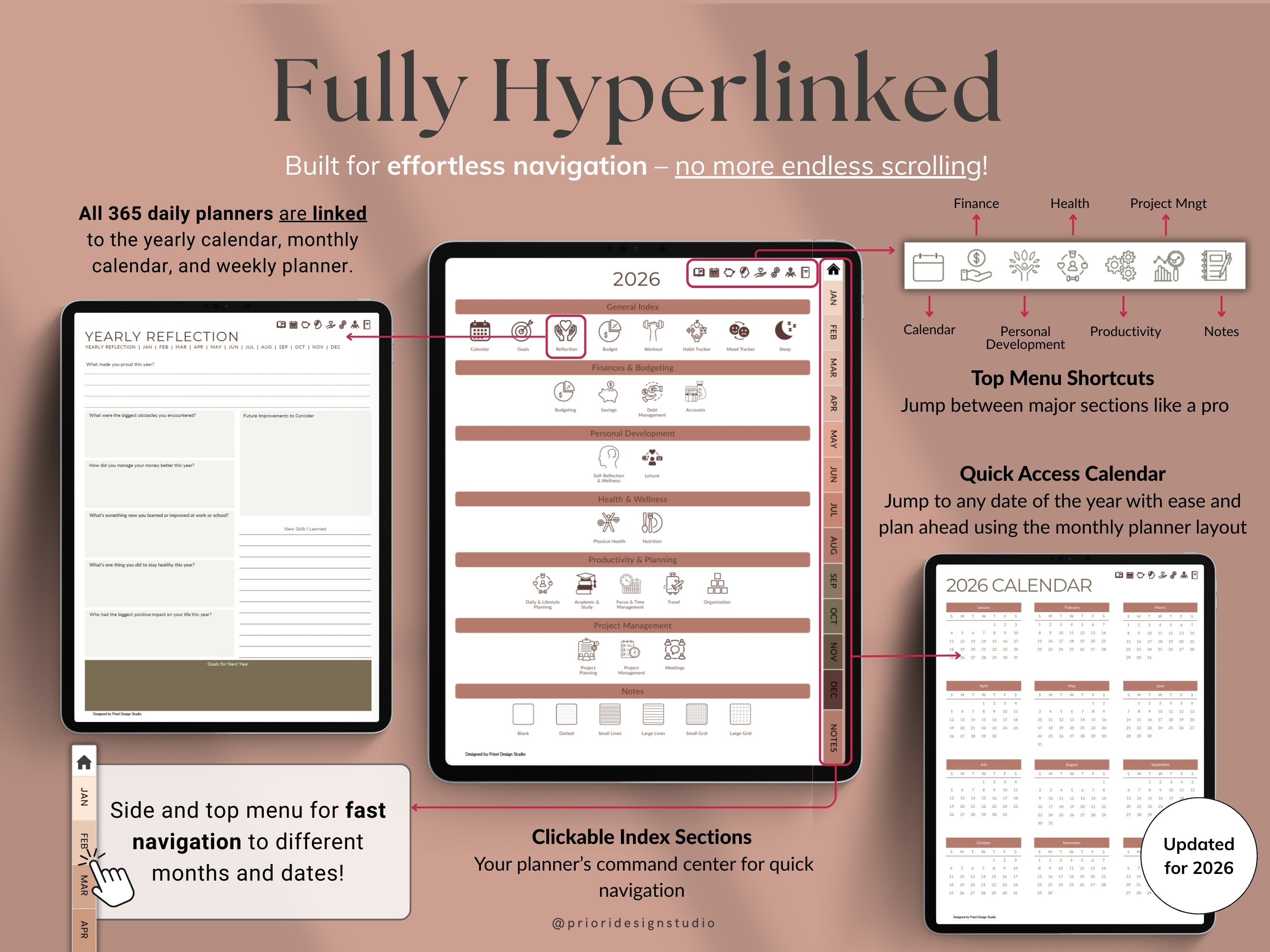Digital planner with hyperlinks and navigation features with Sepia Rose theme.