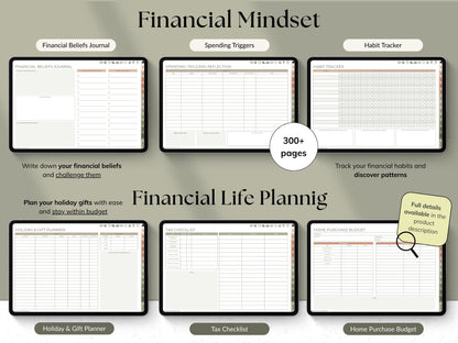 Promotional graphic for a financial planning workbook with various sections and features.