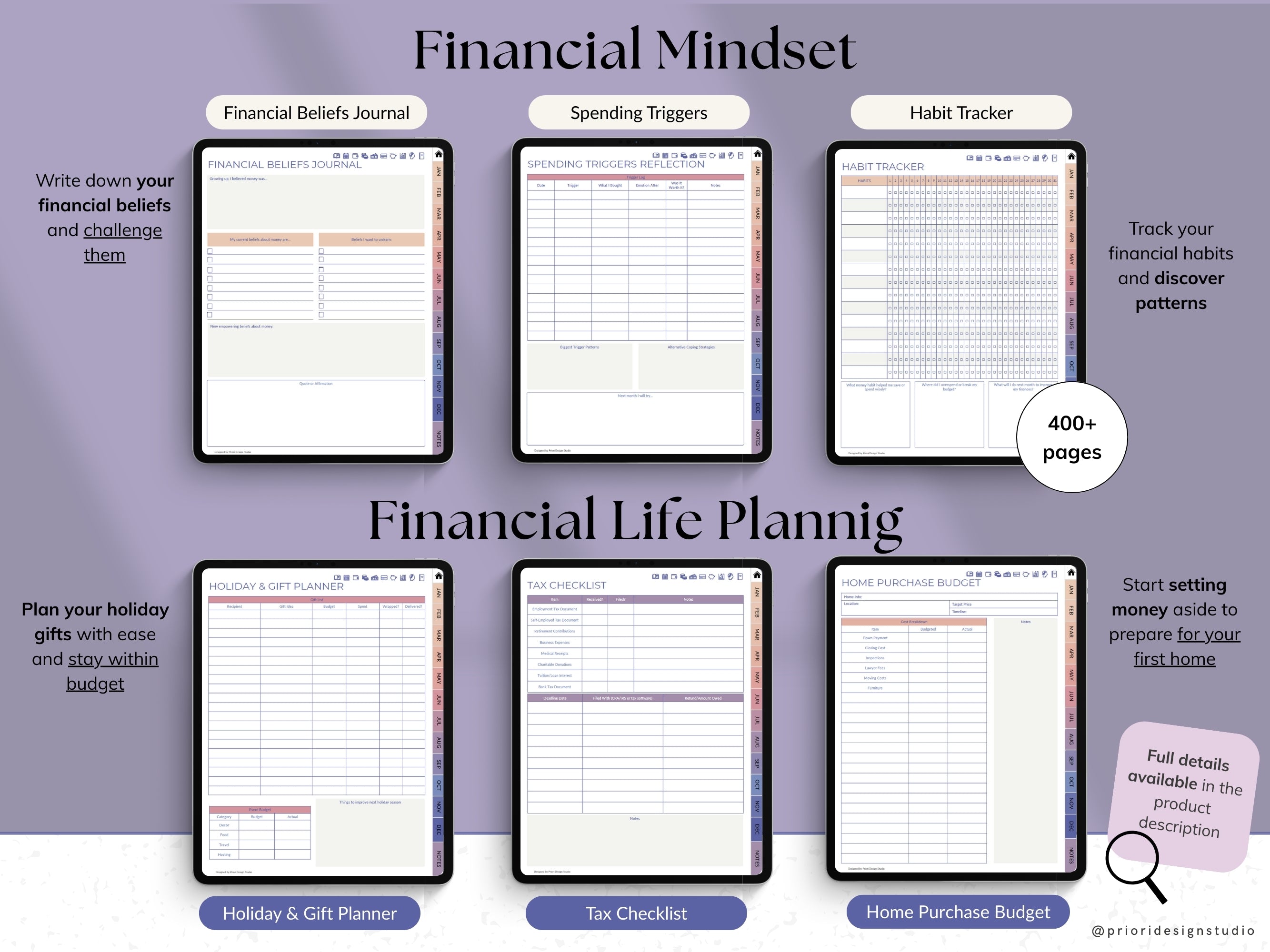 Pages from a financial planning workbook with various sections on a purple background.