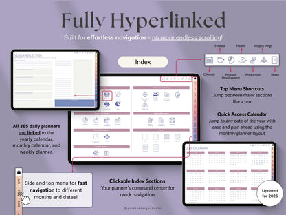 Hyperlinked planner software interface with multiple screens showing different features.