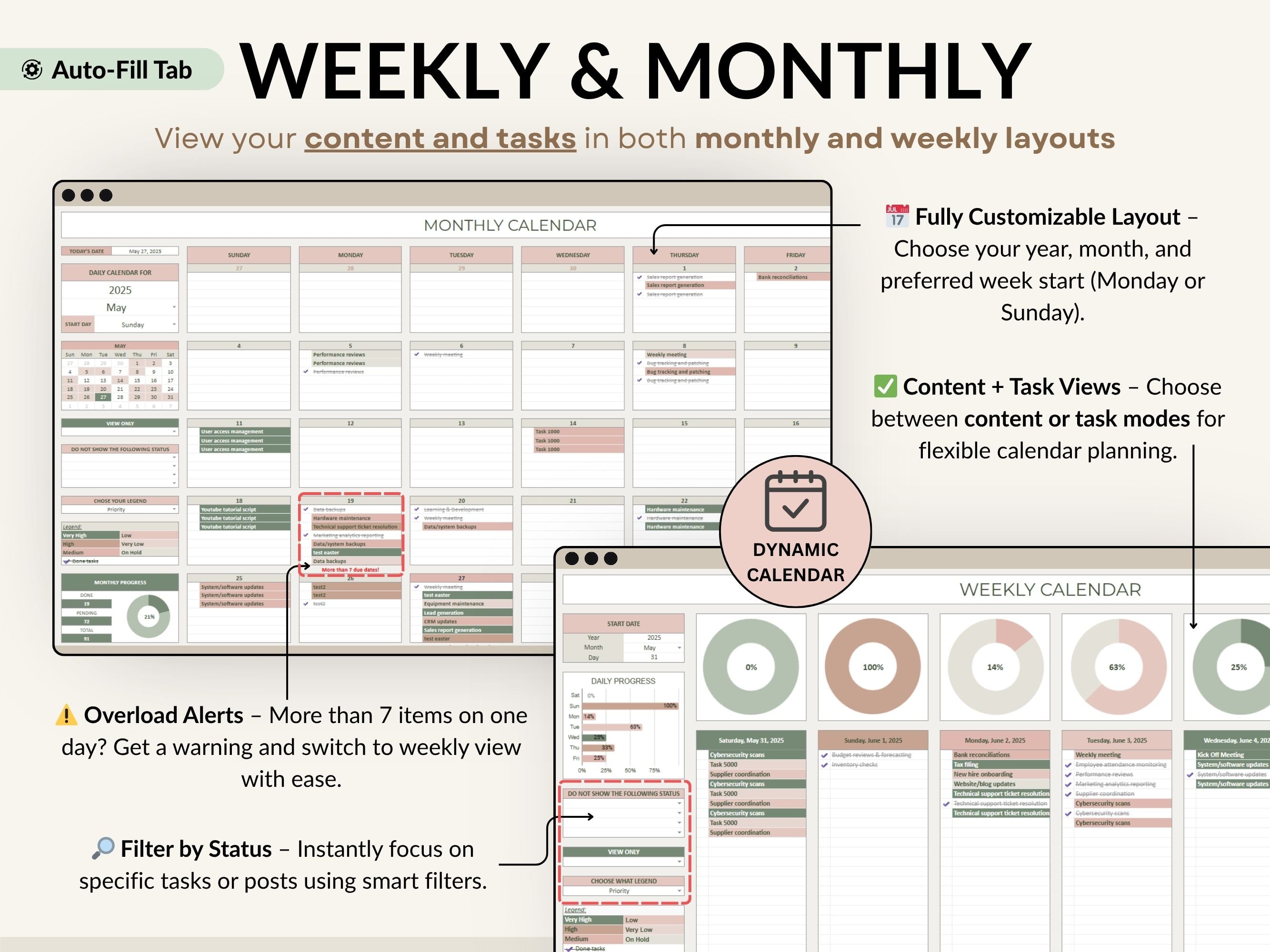 Calendar software interface with monthly and weekly layouts on a white background