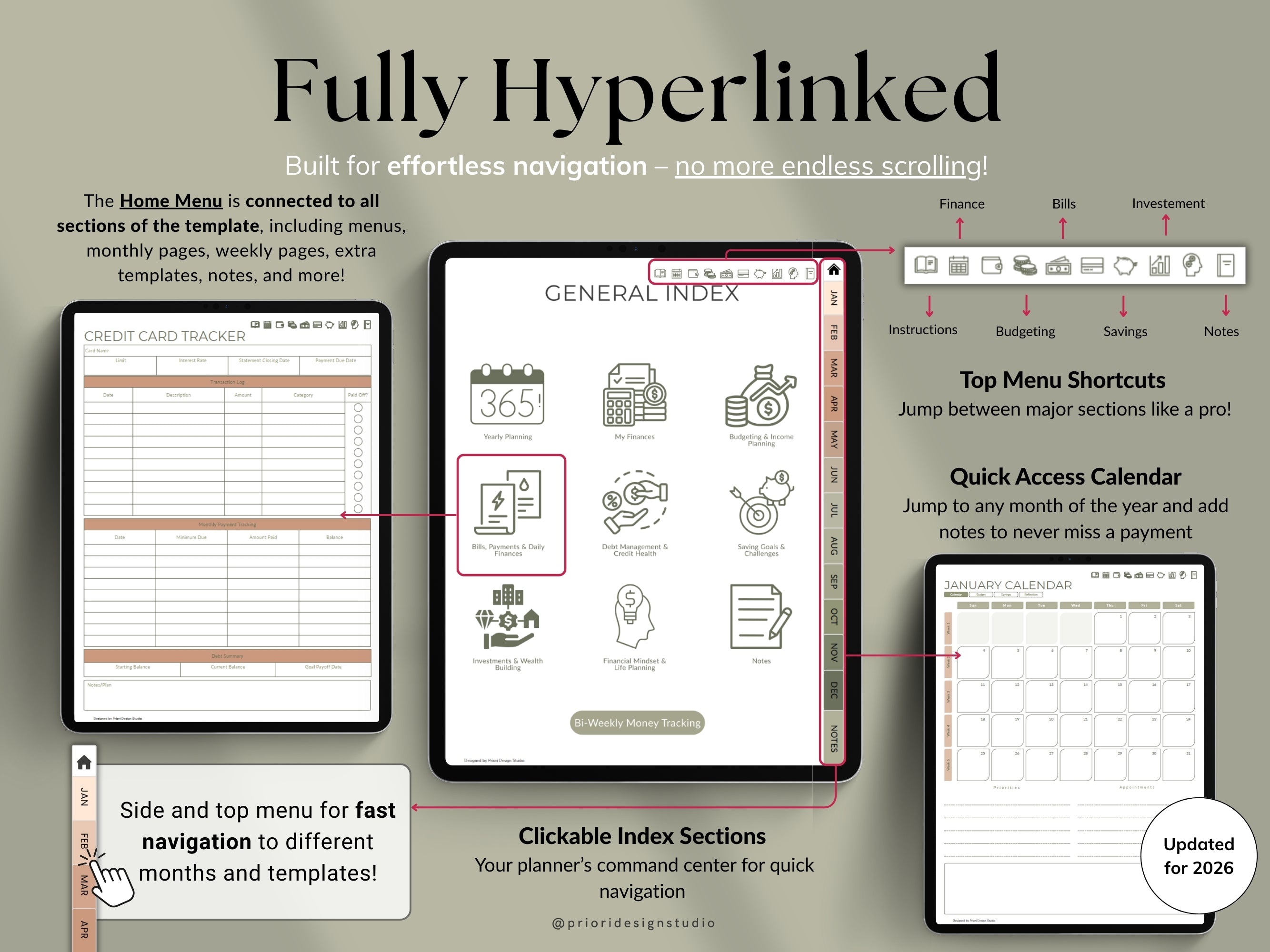 Hyperlinked planner template with various sections and features on a gray background