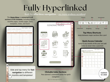 Hyperlinked planner template with various sections and features on a gray background