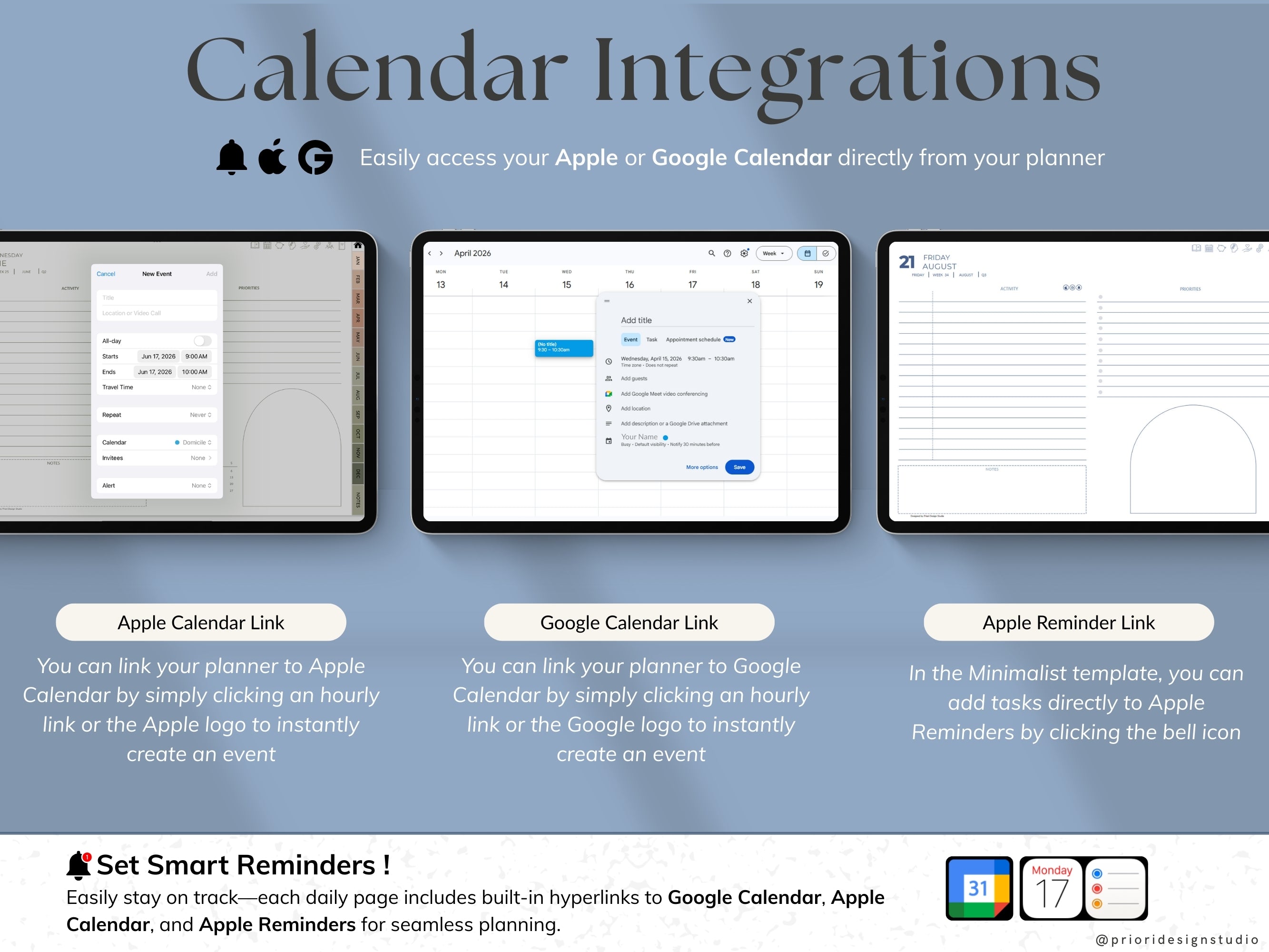 Calendar integrations with Apple and Google on a blue background