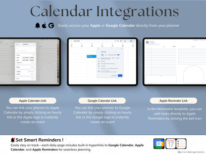 Calendar integrations with Apple and Google on a blue background