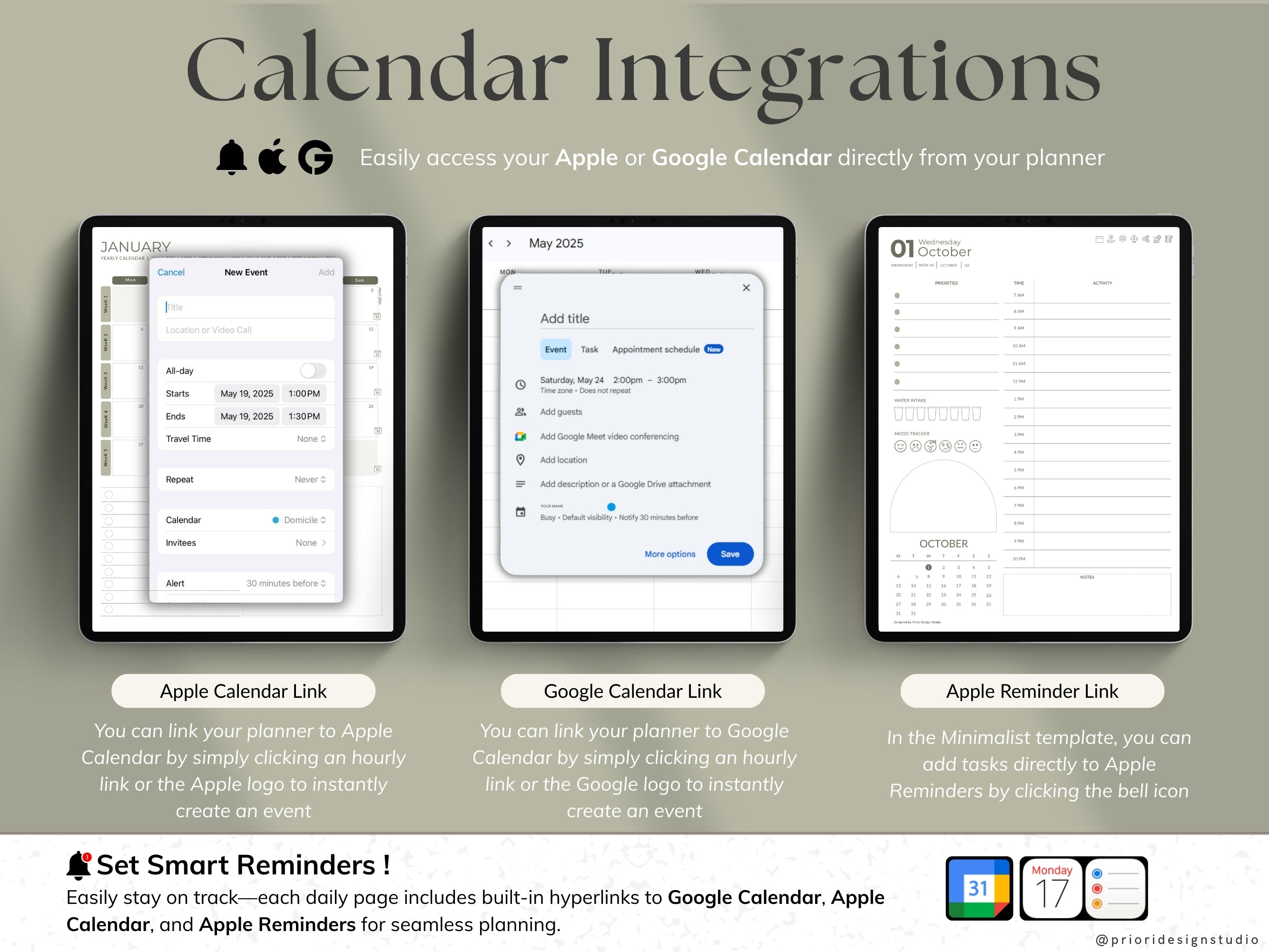 Calendar integrations with Apple and Google on a gray background.