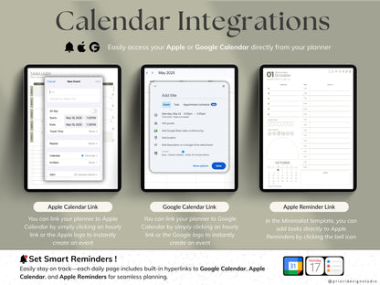 Calendar integrations with Apple and Google on a gray background.