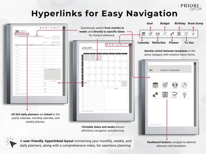 reMarkable Digital Planner 2025 2026 Daily Planner reMarkable 2 Template Minimalist Hyperlinked Planner for reMarkable Organization Planner