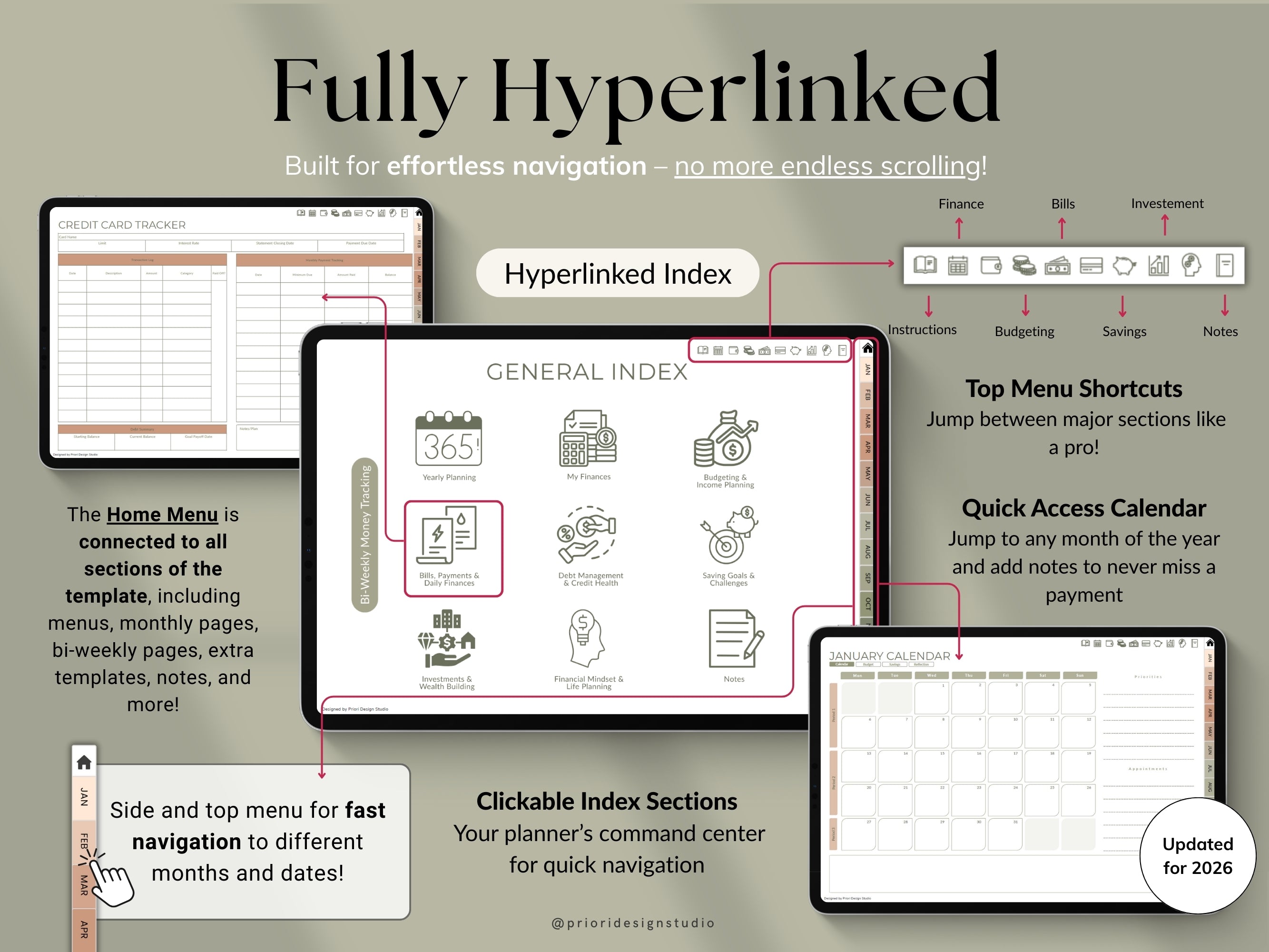 Screenshot of a digital planner software with hyperlinked index and navigation features.