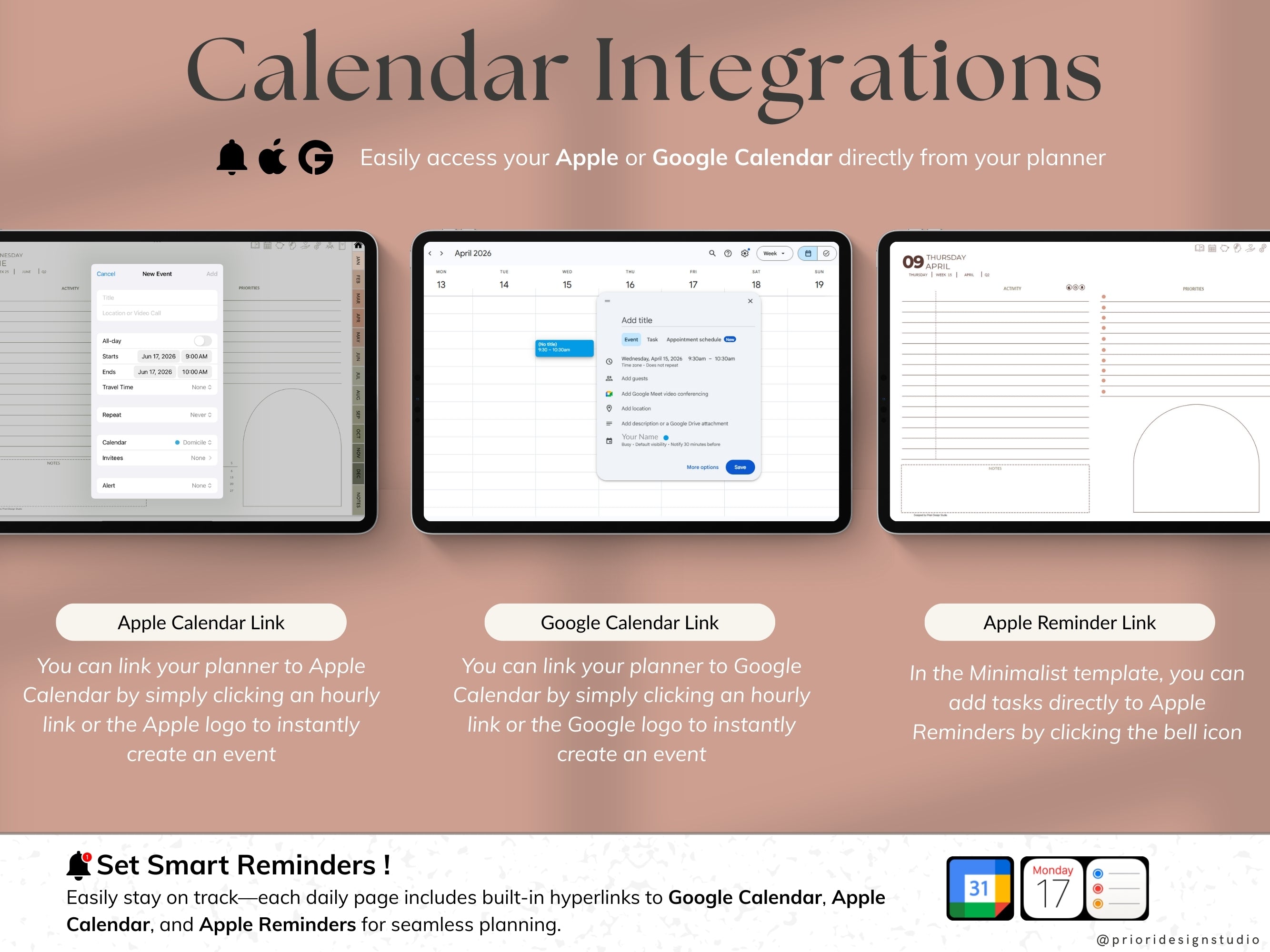 Calendar integrations with Apple and Google on a computer screen
