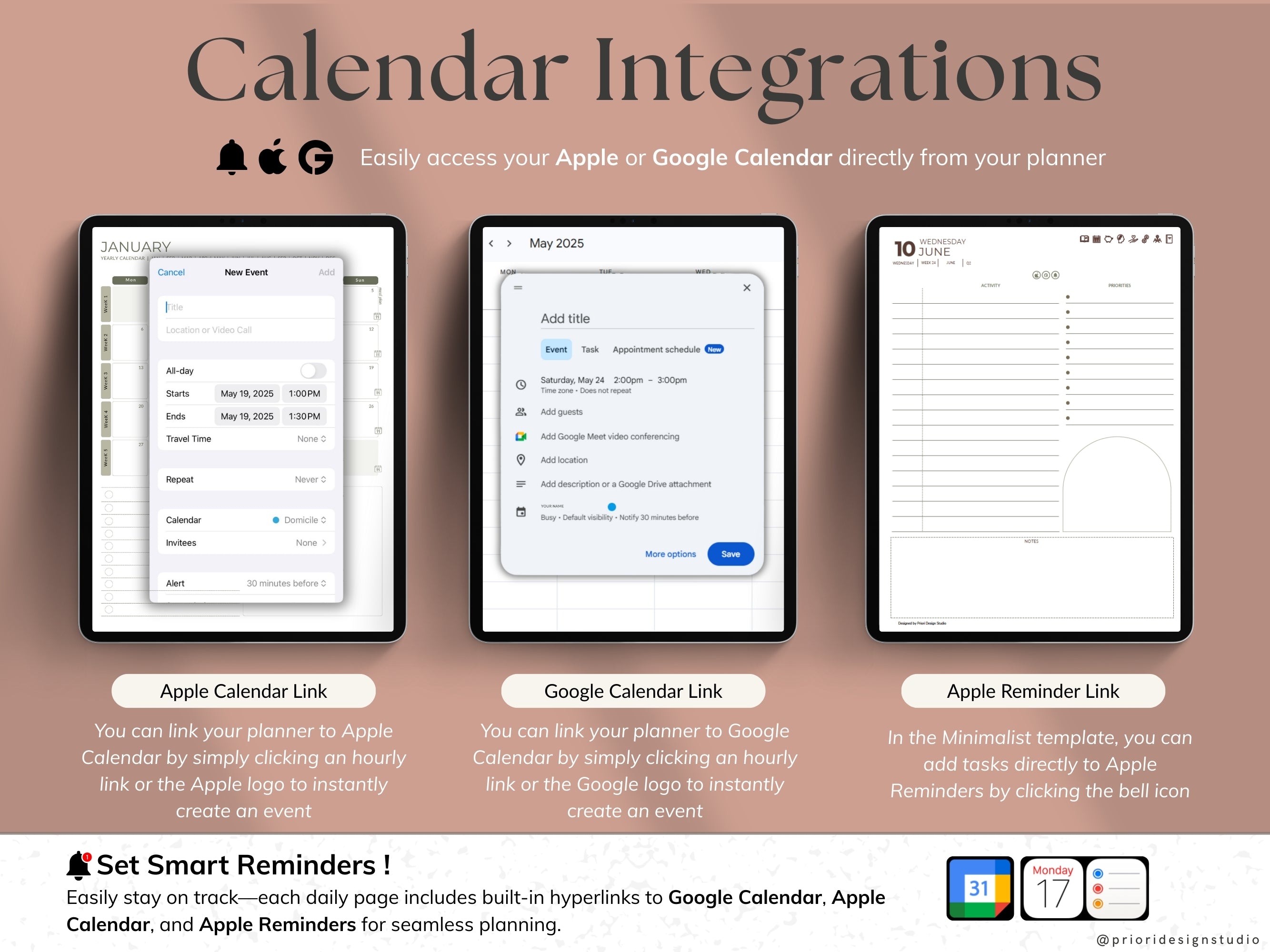 Calendar integrations with Apple and Google for Sepia Rose variant.