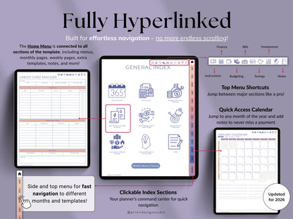 Screenshot of a digital planner software interface with hyperlinks and navigation features.