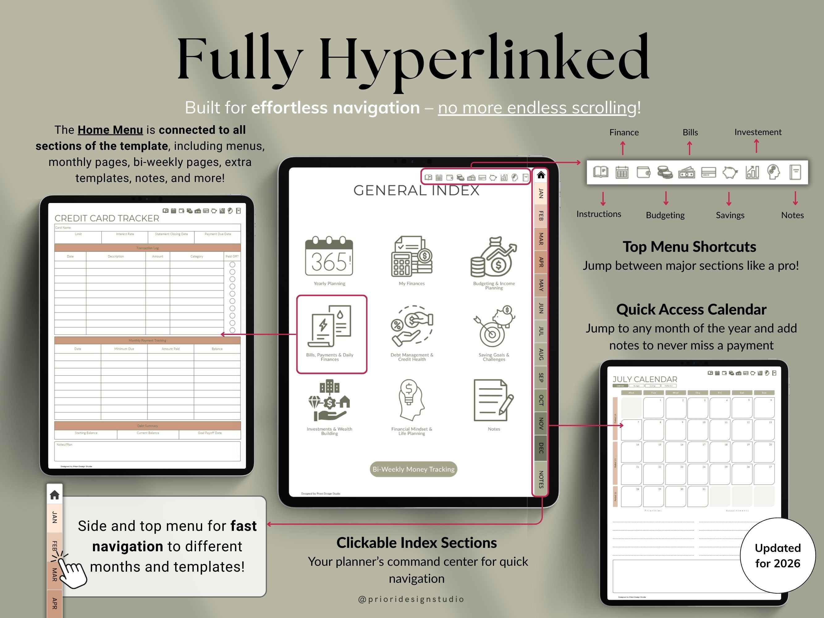 Hyperlinked planner software interface with various features and tools.